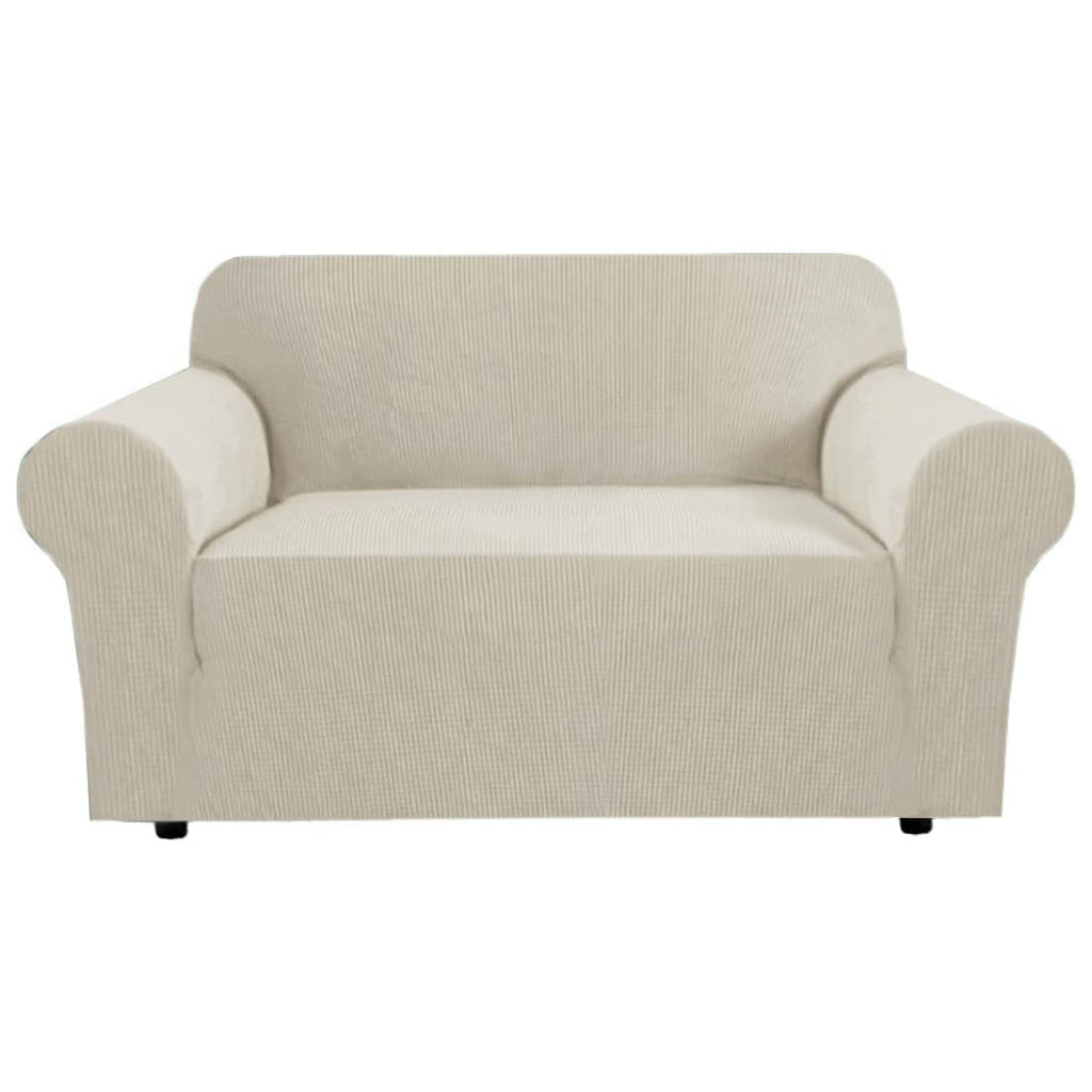 H.VERSAILTEX Stretch Couch Cover Loveseat Covers for 2 Cushion Couch Sofa Slipcover for Love Seat 1 Piece with Elastic Bottom, Checked Jacquard Fabric, Loveseat 58"-70" Wide, Butter Cream