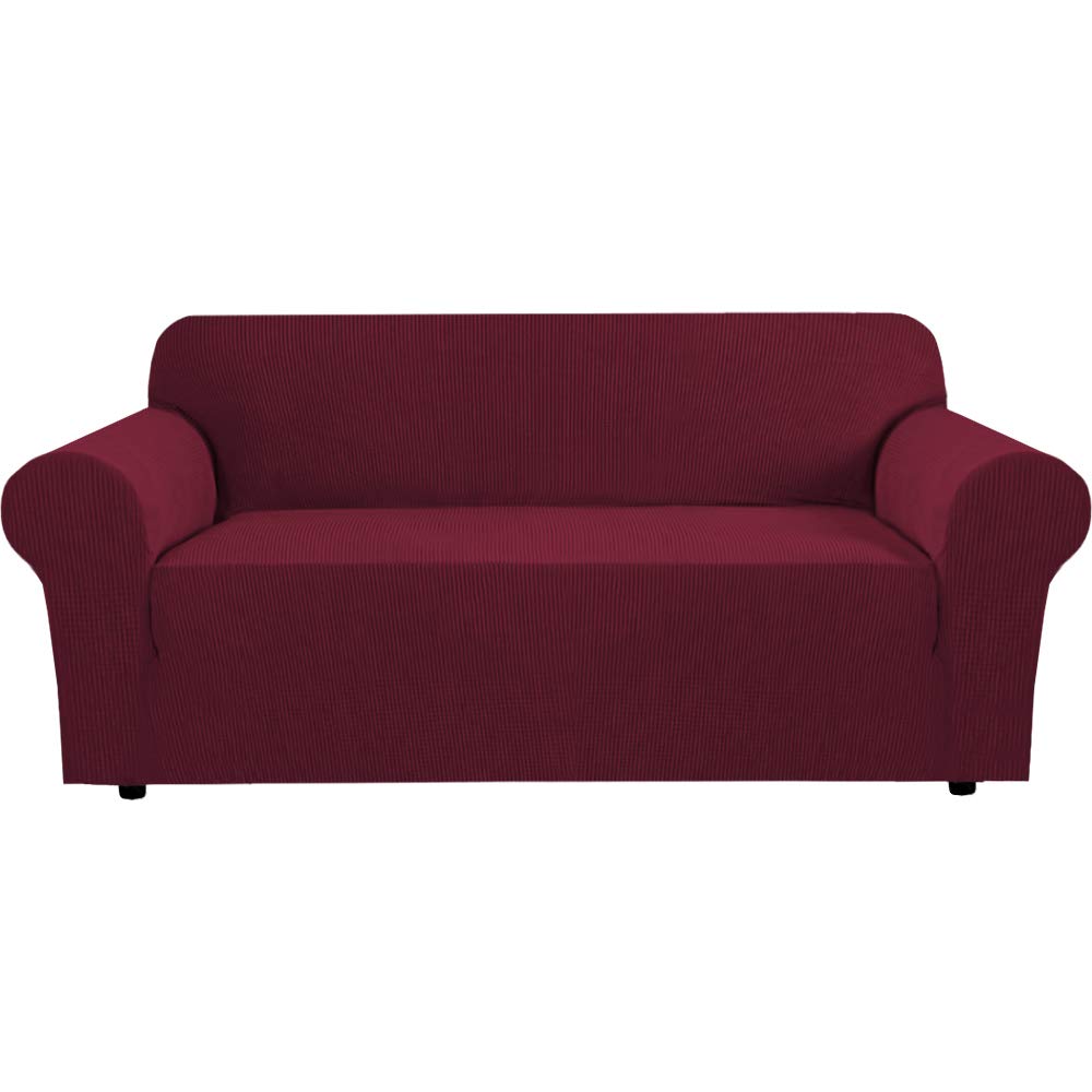 H.VERSAILTEX Stretch Couch Cover Loveseat Covers for 2 Cushion Couch Sofa Slipcover for Love Seat 1 Piece with Elastic Bottom, Checked Jacquard Fabric, Loveseat 58"-70" Wide, Butter Cream