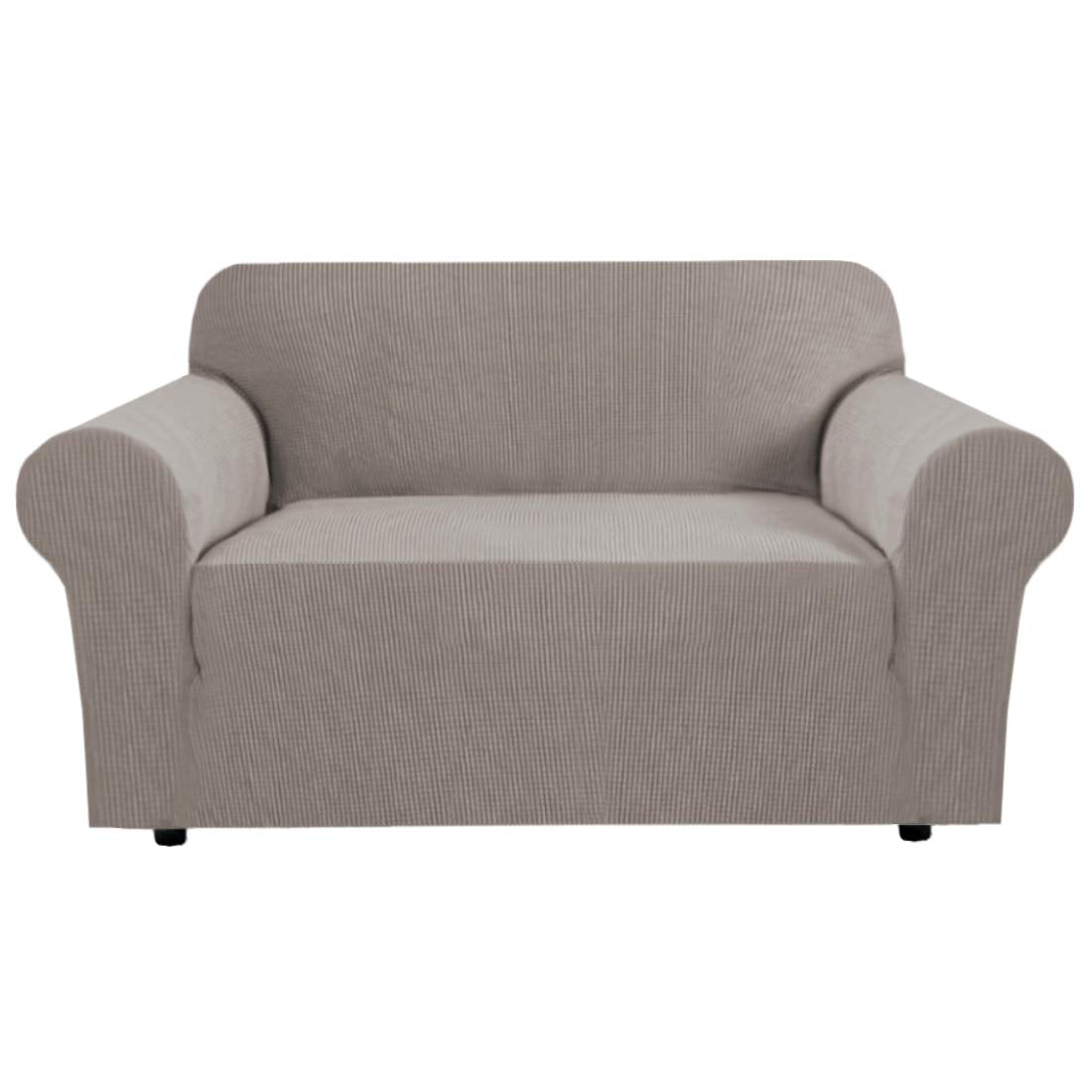 H.VERSAILTEX Stretch Couch Cover Loveseat Covers for 2 Cushion Couch Sofa Slipcover for Love Seat 1 Piece with Elastic Bottom, Checked Jacquard Fabric, Loveseat 58"-70" Wide, Butter Cream