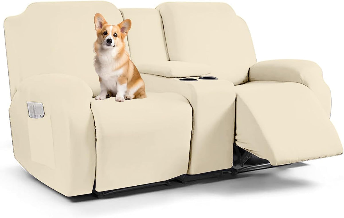 Stretch Recliner Loveseat Chair Cover with Console,7-Piece Velvet Stretch Loveseat Reclining Cover Sofa Covers,Furniture Protective Covers for Children and Pets, Beige