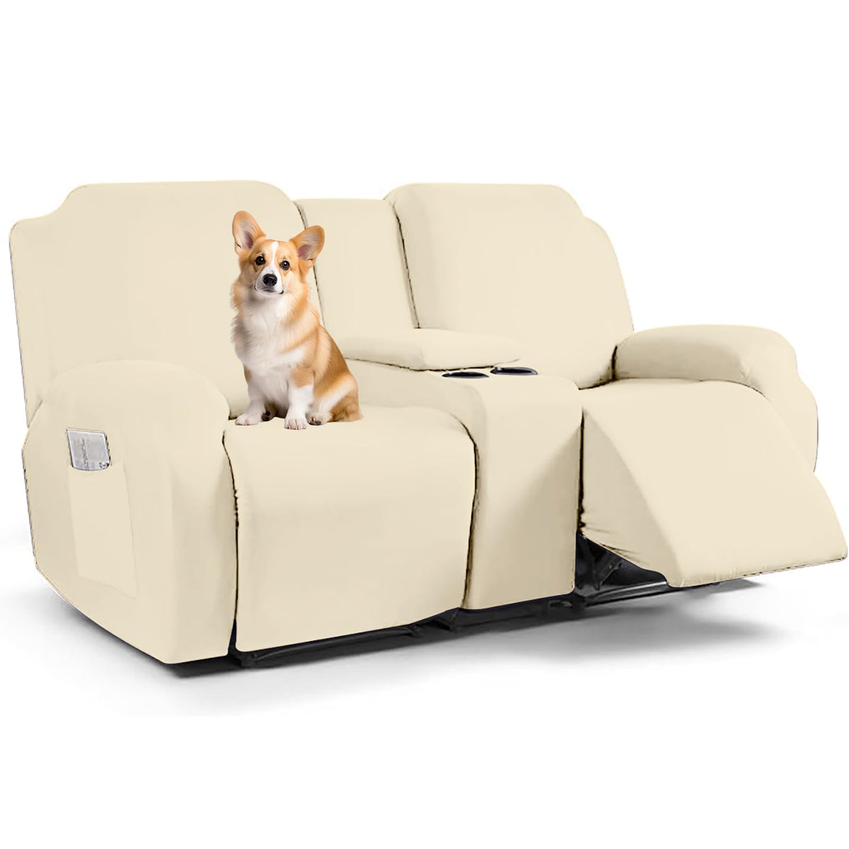Stretch Recliner Loveseat Chair Cover with Console,7-Piece Velvet Stretch Loveseat Reclining Cover Sofa Covers,Furniture Protective Covers for Children and Pets, Beige
