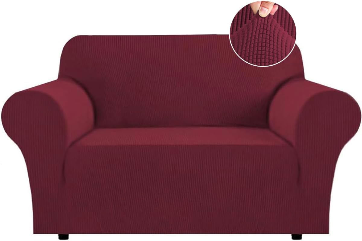 Flamingo P High Stretch One Piece Furniture Protector Sofa Cover for Durable Spandex Stretch Fabric Super Soft Slipcover, 2 Seater, Wine, Loveseat