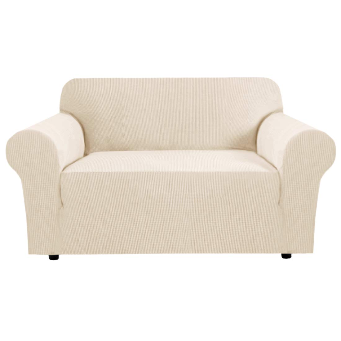 H.VERSAILTEX Stretch Couch Cover Loveseat Covers for 2 Cushion Couch Sofa Slipcover for Love Seat 1 Piece with Elastic Bottom, Checked Jacquard Fabric, Loveseat 58"-70" Wide, Butter Cream