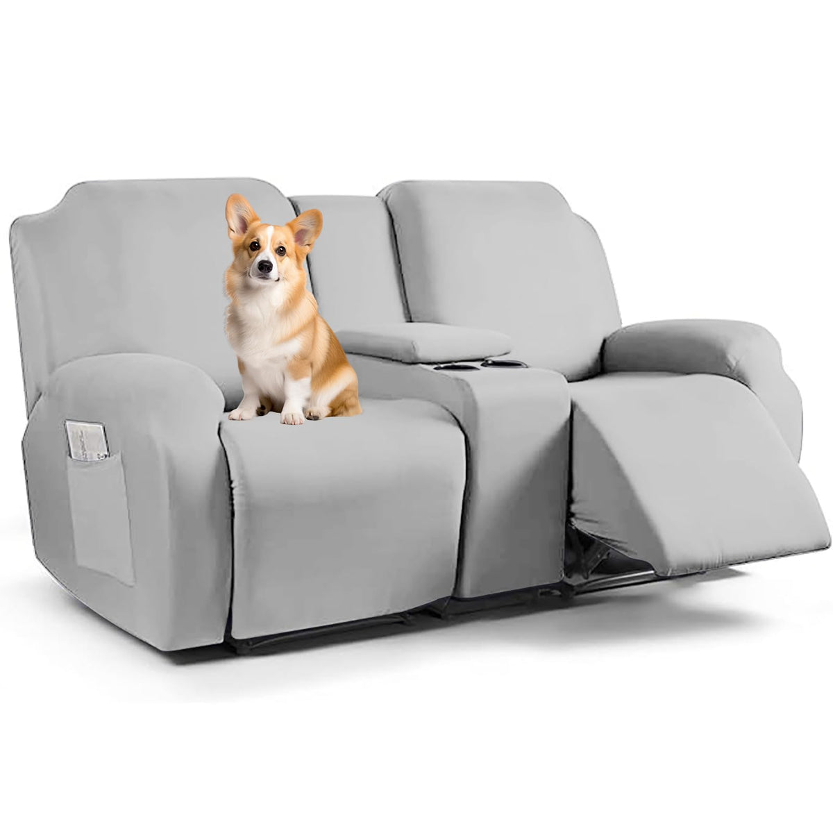 Stretch Recliner Loveseat Chair Cover with Console,7-Piece Velvet Stretch Loveseat Reclining Cover Sofa Covers,Furniture Protective Covers for Children and Pets, Beige