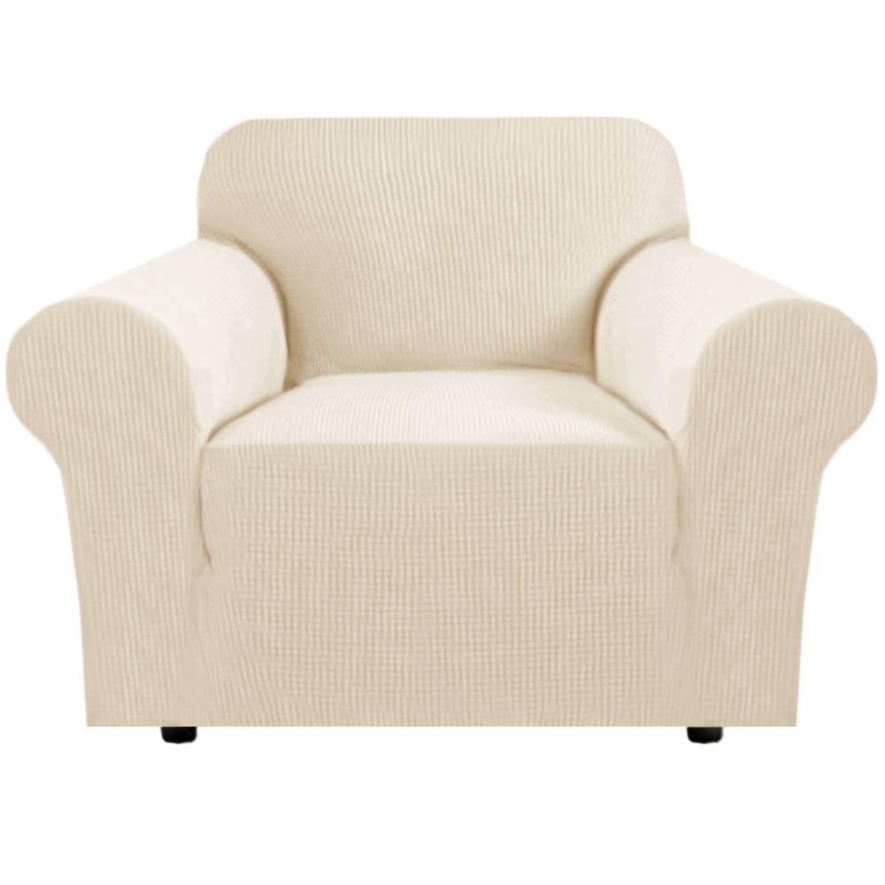 H.VERSAILTEX Stretch Couch Cover Loveseat Covers for 2 Cushion Couch Sofa Slipcover for Love Seat 1 Piece with Elastic Bottom, Checked Jacquard Fabric, Loveseat 58"-70" Wide, Butter Cream