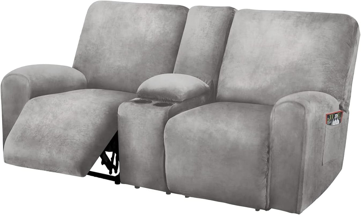 ULTICOR Reclining Loveseat with Middle Console Slipcover, 8-Piece Velvet Stretch Sofa Covers, 2 seat Loveseat Recliner Cover, Thick, Soft, Washable(Dark Grey)