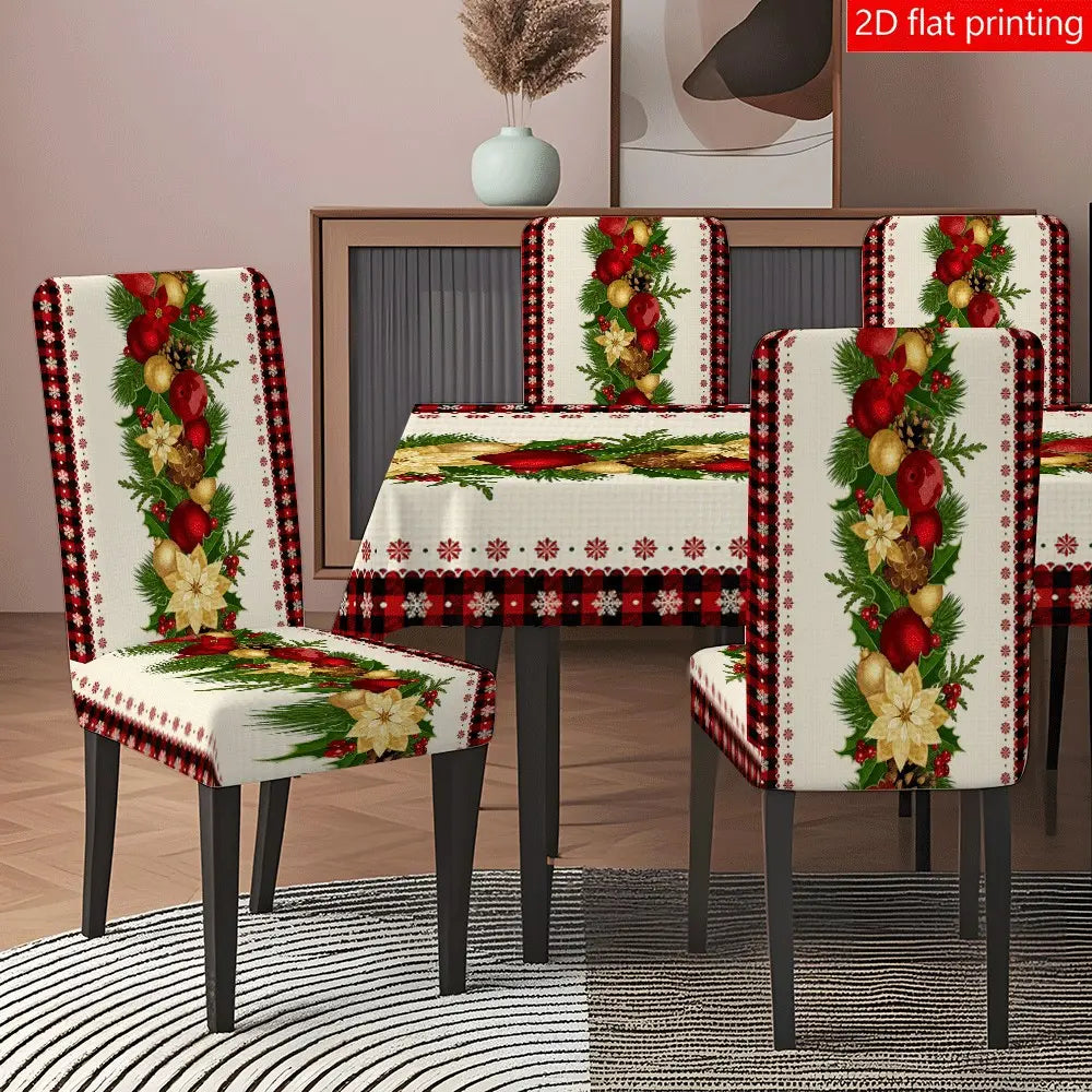 5PCS/7PCS Christmas Pinecone Crimson Tablecloth Chair Cover Set (1 tablecloth+4/6 chair covers) 140*210cm tablecloth, easy to disassemble and wash, suitable for home decoration, Home Party Decorations, camping, weddings, hotels