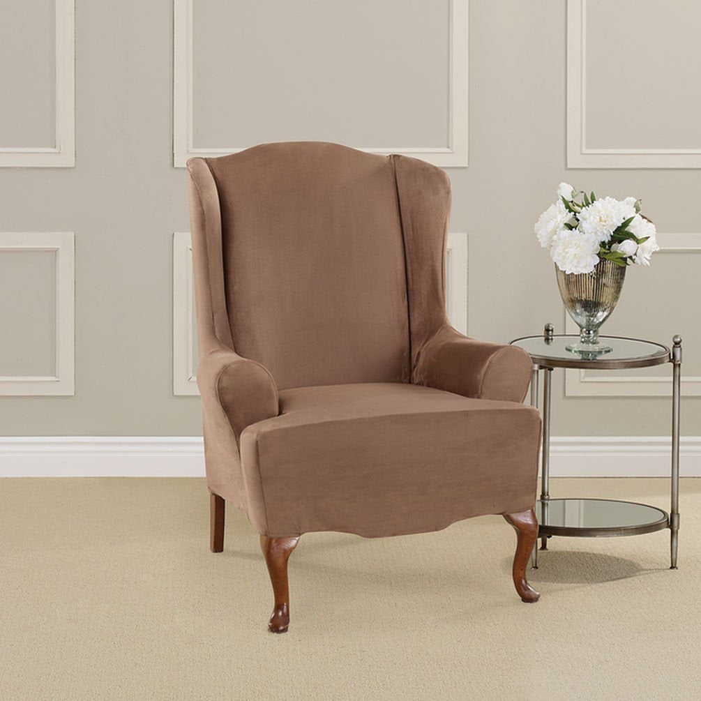SureFit Home Décor Soft Suede Box Cushion Loveseat One Piece Slipcover, Relaxed Fit, Polyester, Machine Washable, Chocolate Color