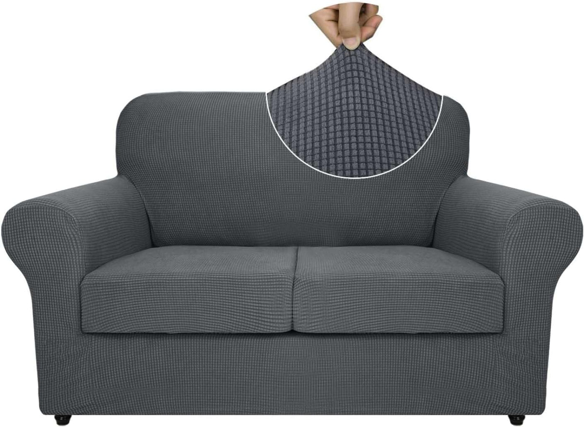 ZNSAYOTX 3-Piece Loveseat Slipcovers High Stretch Spandex Sofa Slip Cover Living Room Love Seat Couch Covers for 2 Cushion Couch Jacquard Small Checks Furniture Protector (Dark Grey, Loveseat)