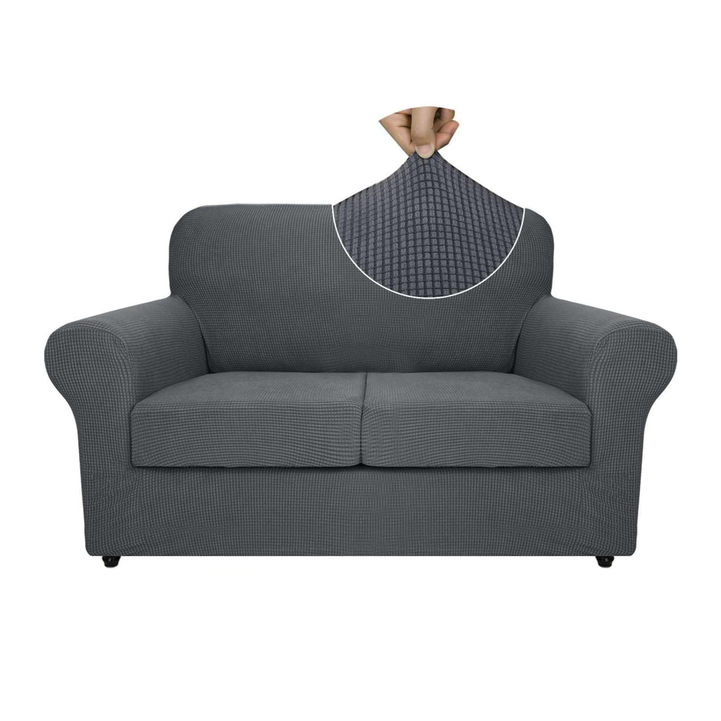 ZNSAYOTX 3-Piece Loveseat Slipcovers High Stretch Spandex Sofa Slip Cover Living Room Love Seat Couch Covers for 2 Cushion Couch Jacquard Small Checks Furniture Protector (Dark Grey, Loveseat)