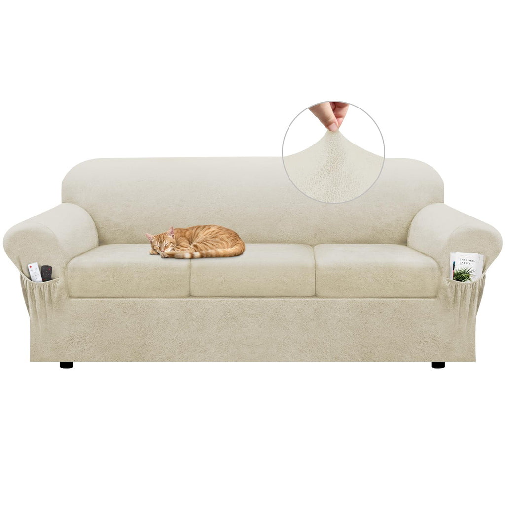 Loveseat Slipcover with Armrest Pockets 3-Piece Set, Stretch Faux Leather Love Seat Covers for 2-Cushion Couches(Fits 58-66") - Non-Slip, Machine Washable, Pet & Kid Friendly - Beige