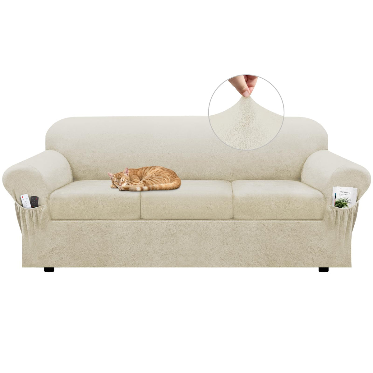Loveseat Slipcover with Armrest Pockets 3-Piece Set, Stretch Faux Leather Love Seat Covers for 2-Cushion Couches(Fits 58-66") - Non-Slip, Machine Washable, Pet & Kid Friendly - Beige