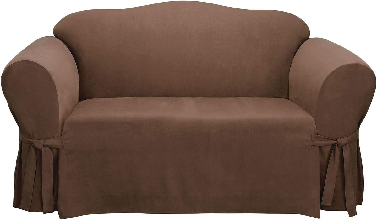 SureFit Home Décor Soft Suede Box Cushion Loveseat One Piece Slipcover, Relaxed Fit, Polyester, Machine Washable, Chocolate Color