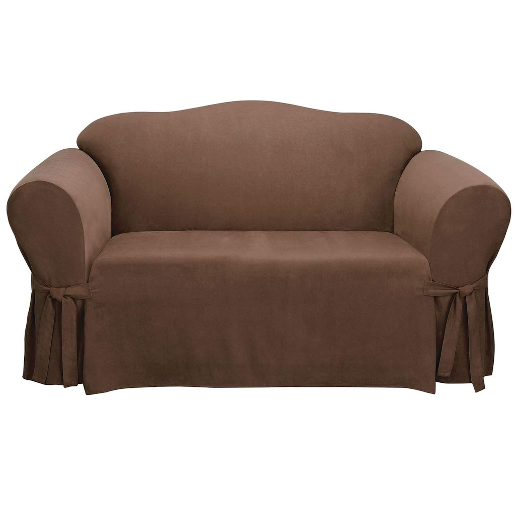 SureFit Home Décor Soft Suede Box Cushion Loveseat One Piece Slipcover, Relaxed Fit, Polyester, Machine Washable, Chocolate Color