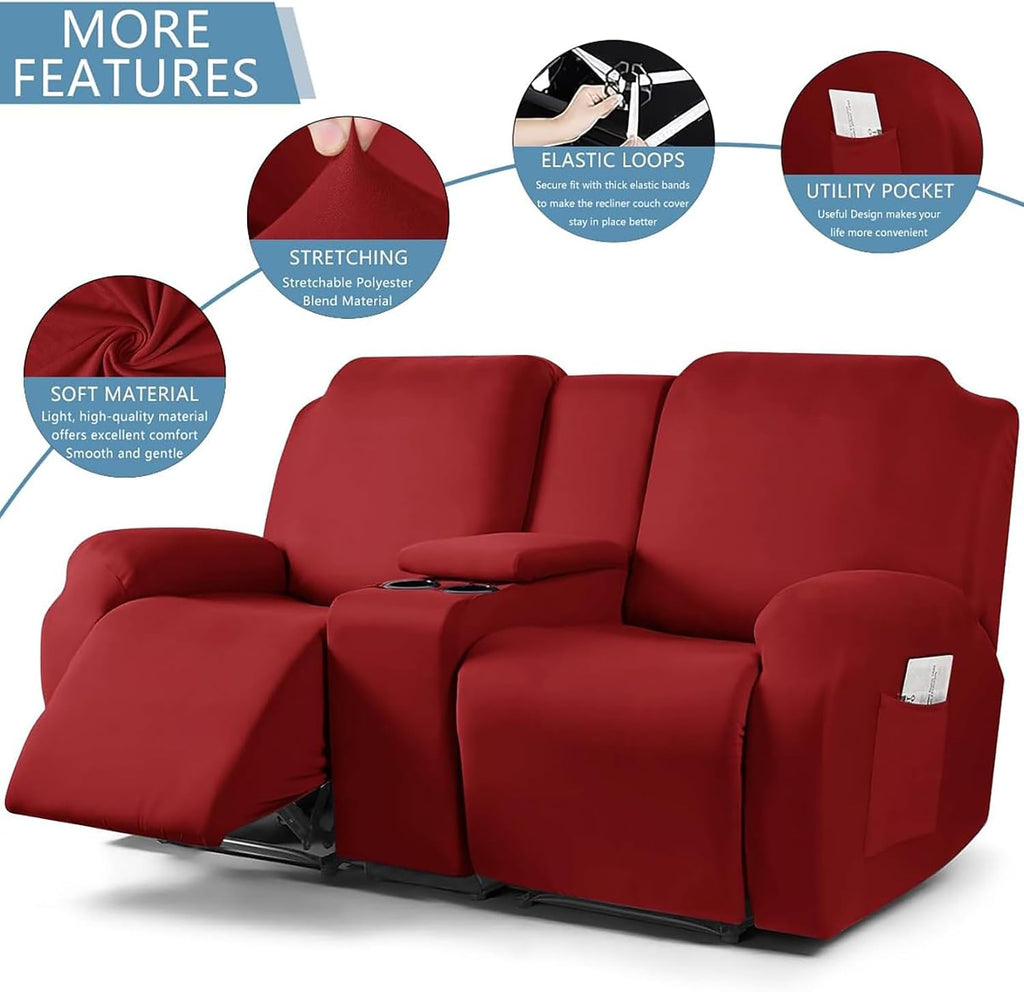 Stretch Recliner Loveseat Chair Cover with Console,7-Piece Velvet Stretch Loveseat Reclining Cover Sofa Covers,Furniture Protective Covers for Children and Pets, Beige