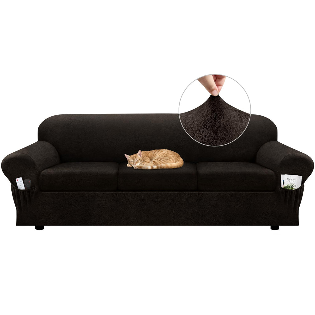 Loveseat Slipcover with Armrest Pockets 3-Piece Set, Stretch Faux Leather Love Seat Covers for 2-Cushion Couches(Fits 58-66") - Non-Slip, Machine Washable, Pet & Kid Friendly - Beige