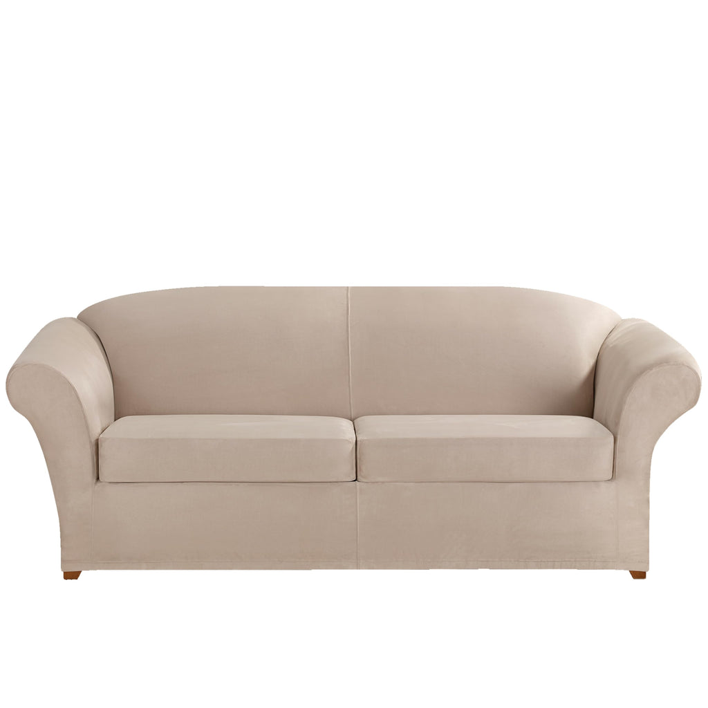 SureFit Home Décor Soft Suede Box Cushion Loveseat One Piece Slipcover, Relaxed Fit, Polyester, Machine Washable, Chocolate Color