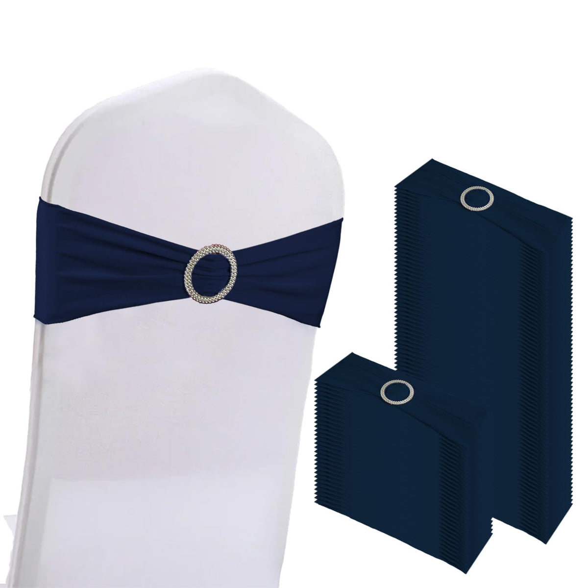 WJWHQ 100PCS Spandex Stretch Chair Sashes Bows Elastic Chair Cover Bands Ties with Buckle Slider for Wedding Party Reception Events Universal Ceremony Banquet Decorations (Gold)