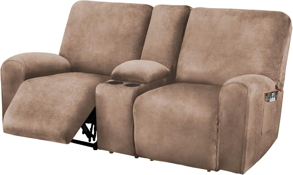 ULTICOR Reclining Loveseat with Middle Console Slipcover, 8-Piece Velvet Stretch Sofa Covers, 2 seat Loveseat Recliner Cover, Thick, Soft, Washable(Dark Grey)