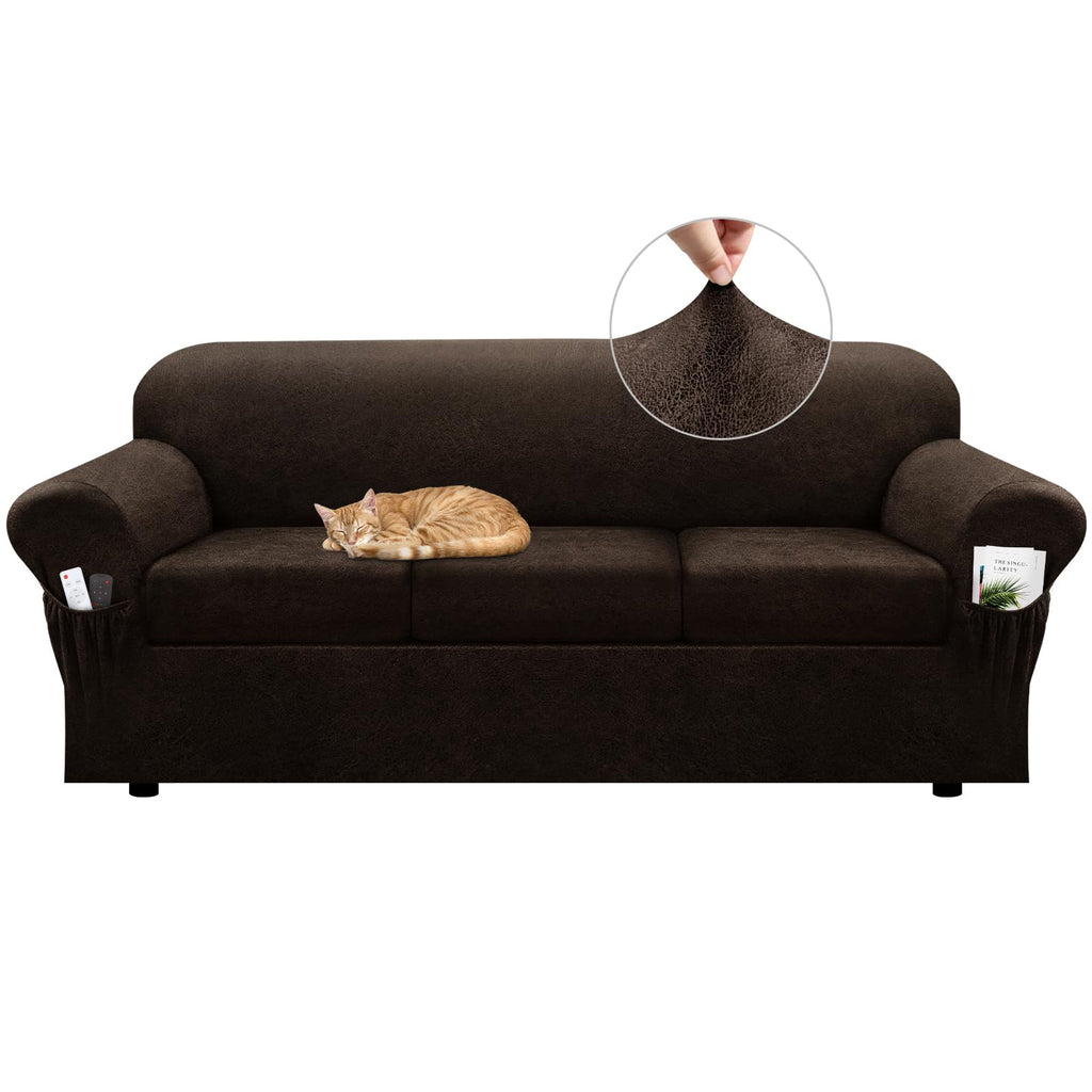 Loveseat Slipcover with Armrest Pockets 3-Piece Set, Stretch Faux Leather Love Seat Covers for 2-Cushion Couches(Fits 58-66") - Non-Slip, Machine Washable, Pet & Kid Friendly - Beige