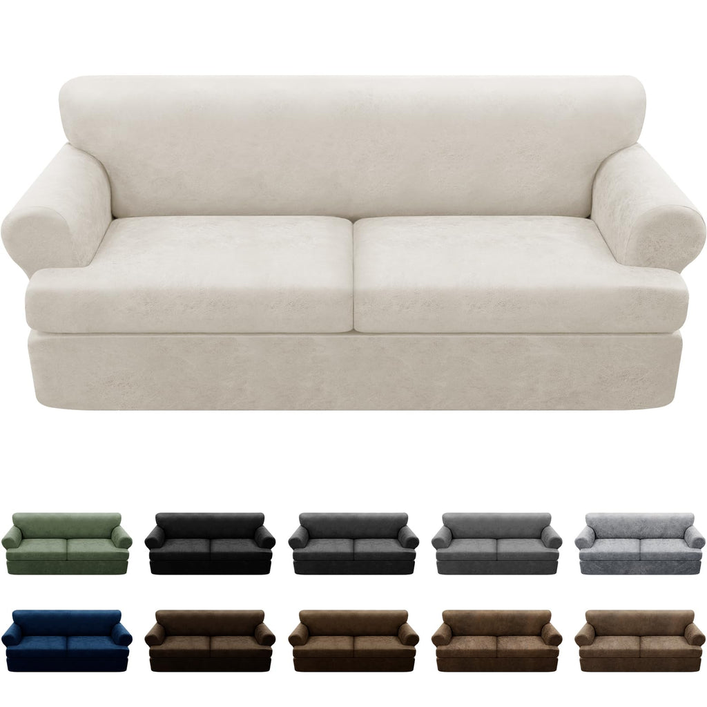 3-Pieces T Cushion Loveseat Slipcovers Leather Look Couch Cover Loveseat Covers for 2 Cushion Couch Furniture Protector Stretch Sofa Cover with 2 Individual T Cushion Seat Covers, Brown