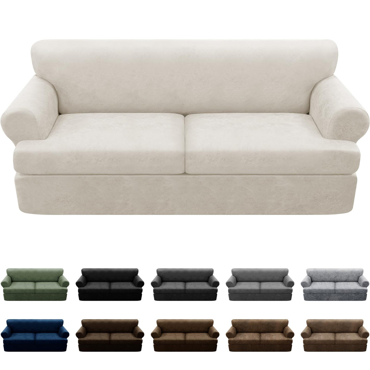 3-Pieces T Cushion Loveseat Slipcovers Leather Look Couch Cover Loveseat Covers for 2 Cushion Couch Furniture Protector Stretch Sofa Cover with 2 Individual T Cushion Seat Covers, Brown