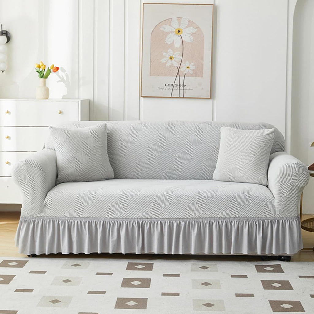 KAIJIE 1 piece Double seat Textured Sofa Slipcover with Ruffle Skirt,Elastic Stretch Fabric，Leaf Pattern Design Thick Anti Slip Protective Cover C-01Haze Blue