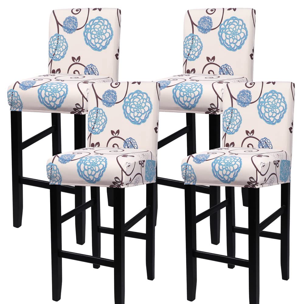 SearchI Bar Stool Covers Set of 4, Stretch Washable Barstool Seat Covers, Counter Height Chair Covers for Kitchen Dining Room Cafe (Beige Linen-Look Print)