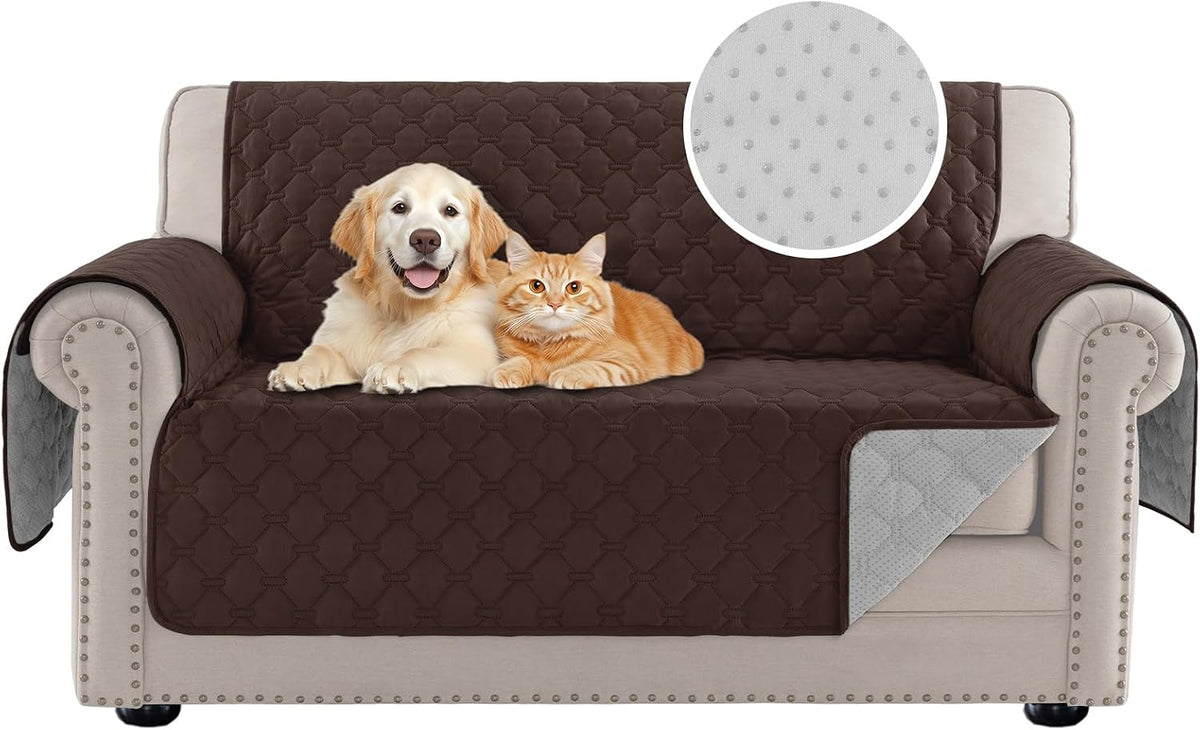 PrinceDeco Love Seat Couch Covers for Dogs Quilted Loveseat Cover Furniture Protector Non-Slip Rubber Backing Water Resistant for 2 Cushion Couch Seat Width to 48"(Loveseat, Brown)