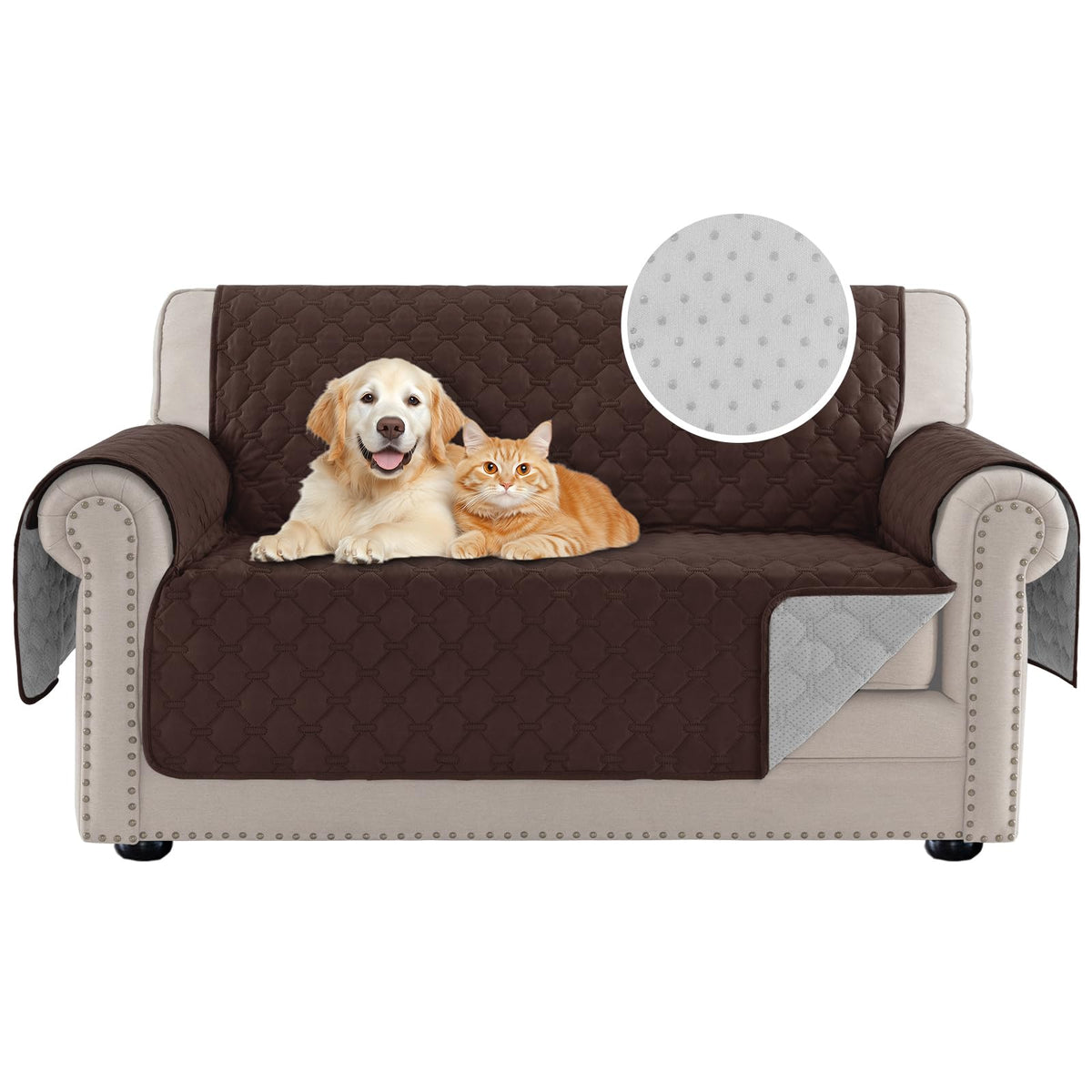 PrinceDeco Love Seat Couch Covers for Dogs Quilted Loveseat Cover Furniture Protector Non-Slip Rubber Backing Water Resistant for 2 Cushion Couch Seat Width to 48"(Loveseat, Brown)