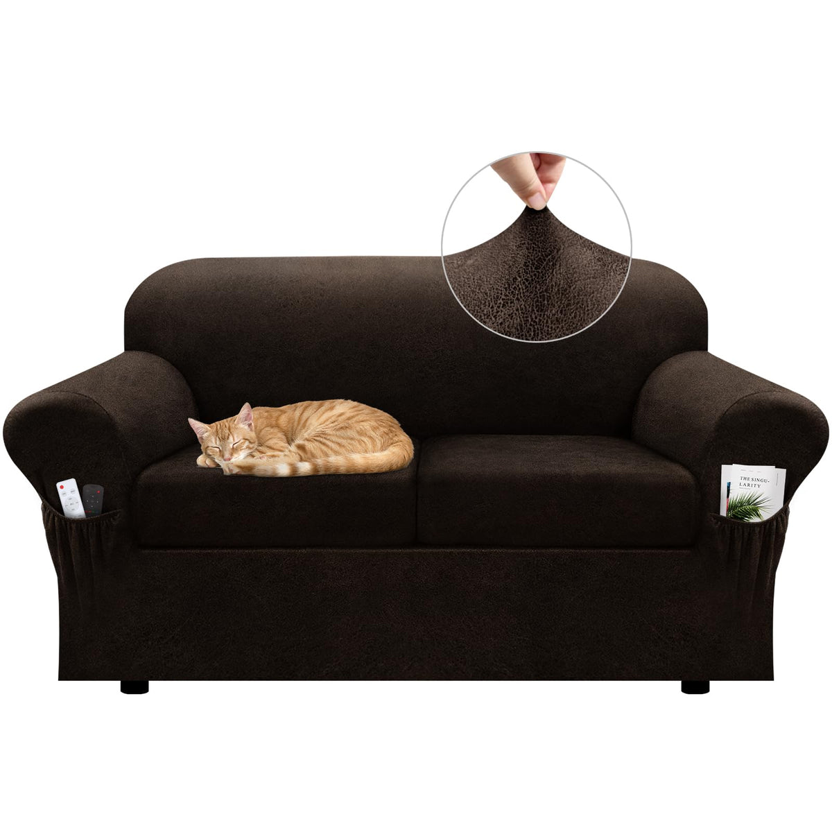 Loveseat Slipcover with Armrest Pockets 3-Piece Set, Stretch Faux Leather Love Seat Covers for 2-Cushion Couches(Fits 58-66") - Non-Slip, Machine Washable, Pet & Kid Friendly - Beige
