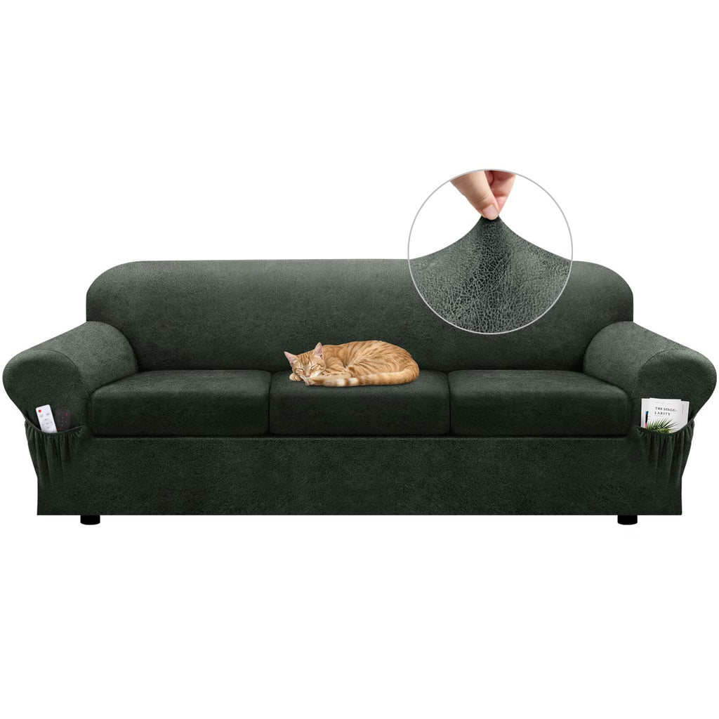 Loveseat Slipcover with Armrest Pockets 3-Piece Set, Stretch Faux Leather Love Seat Covers for 2-Cushion Couches(Fits 58-66") - Non-Slip, Machine Washable, Pet & Kid Friendly - Beige