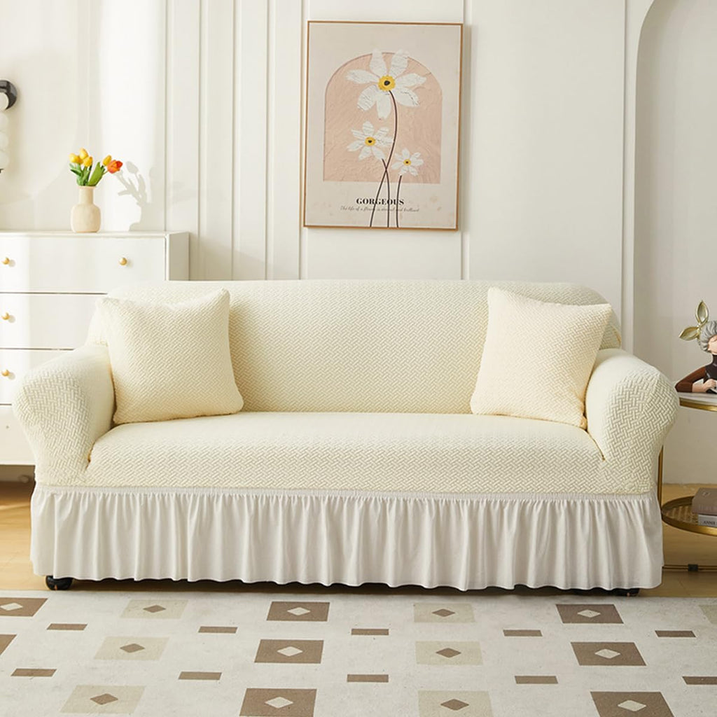 KAIJIE 1 piece Double seat Textured Sofa Slipcover with Ruffle Skirt,Elastic Stretch Fabric，Leaf Pattern Design Thick Anti Slip Protective Cover C-01Haze Blue