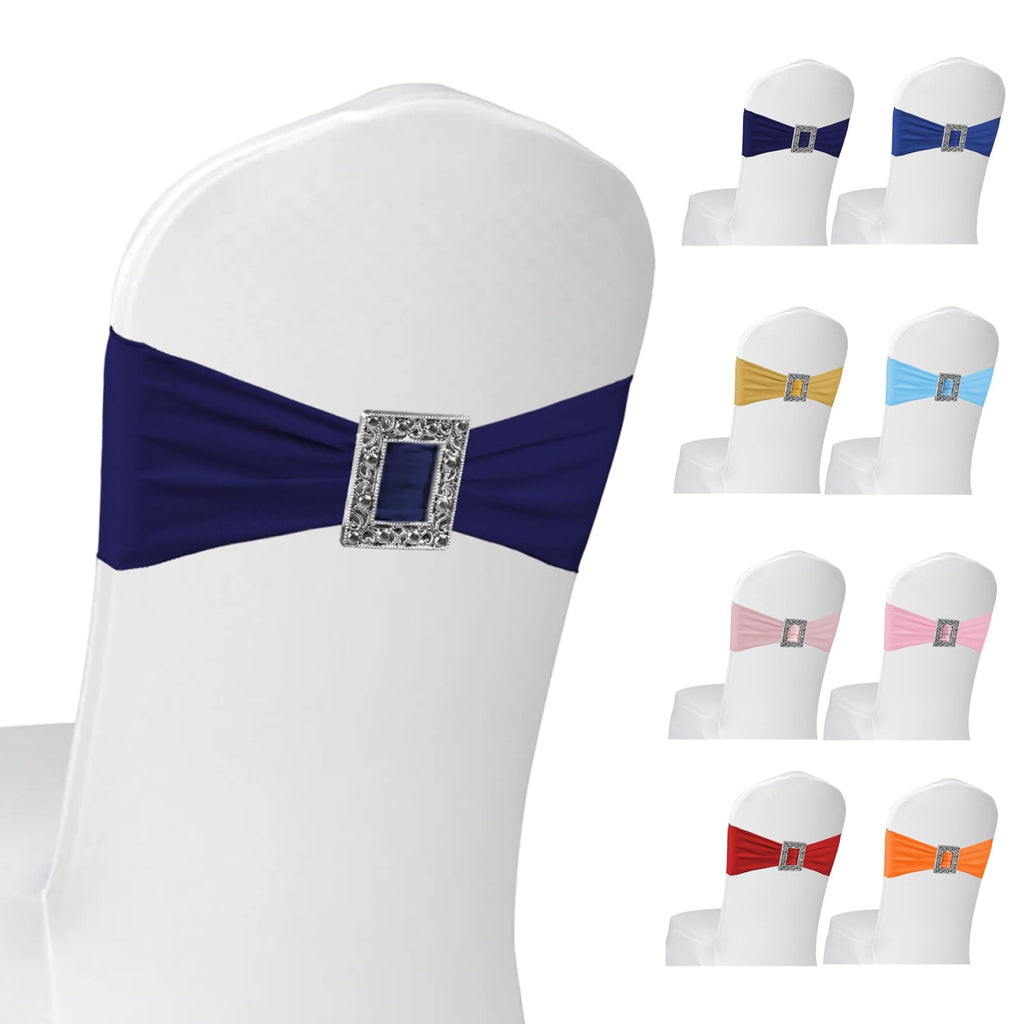 100 Pack Spandex Stretch Chair Sashes Bows Elastic Chair Cover Bands Ties with Buckle Slider for Wedding Party Banquet Restaurant Baby Shower Chairs Decorations (Navy Blue)