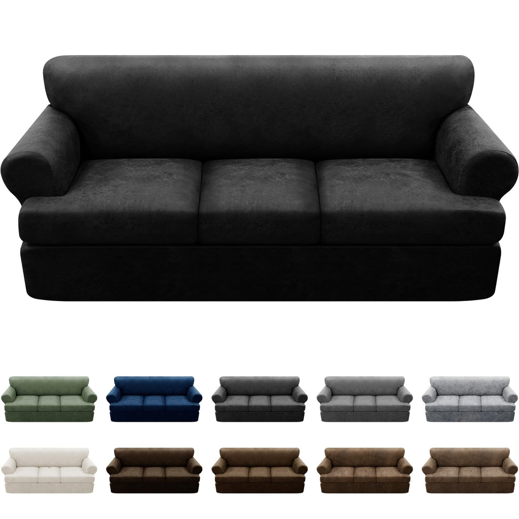 3-Pieces T Cushion Loveseat Slipcovers Leather Look Couch Cover Loveseat Covers for 2 Cushion Couch Furniture Protector Stretch Sofa Cover with 2 Individual T Cushion Seat Covers, Brown