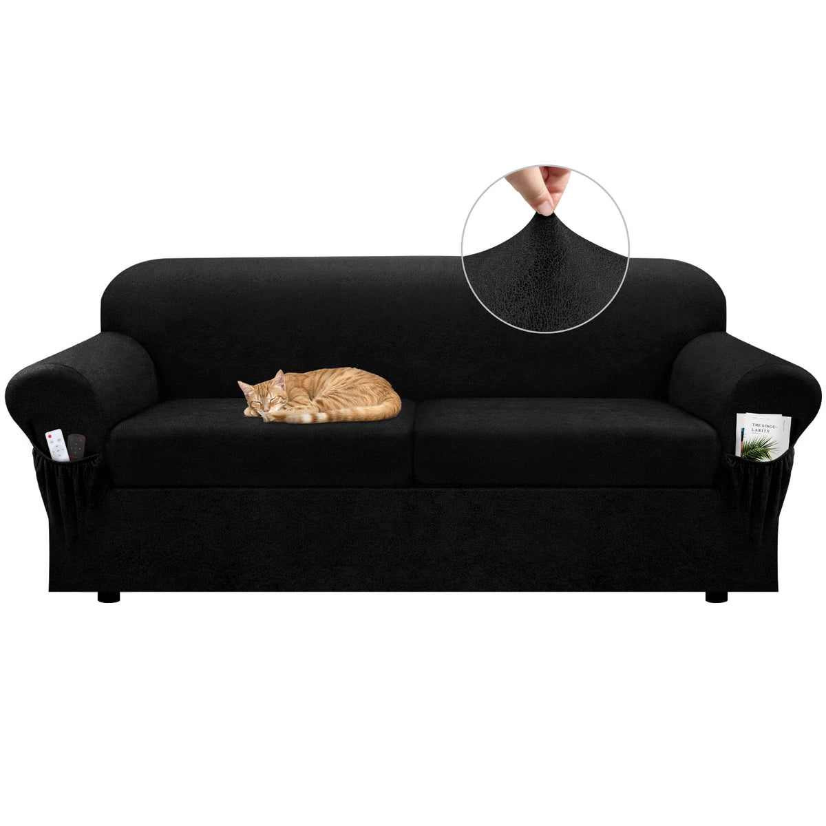 Loveseat Slipcover with Armrest Pockets 3-Piece Set, Stretch Faux Leather Love Seat Covers for 2-Cushion Couches(Fits 58-66") - Non-Slip, Machine Washable, Pet & Kid Friendly - Beige