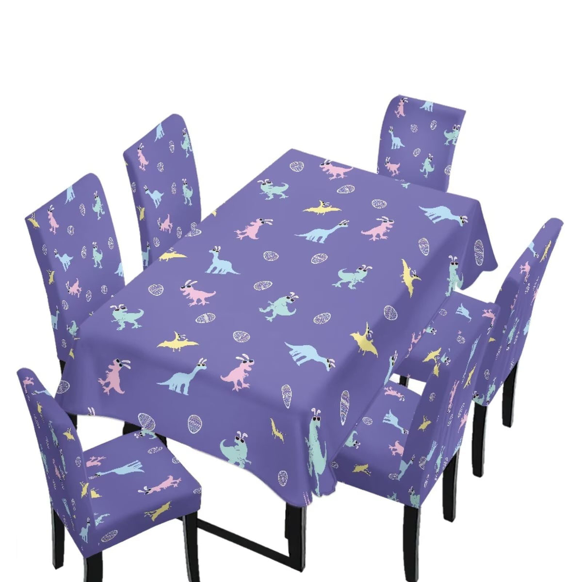 Table Cloth Rectangle Table Set of 5 Include Kitchen Chair Covers and Tablecloths for Dining Room Easter Decor, Anti-Scratch Chair Seat Protector Cover, Blue Cartoon Rabbit Carrot Dot
