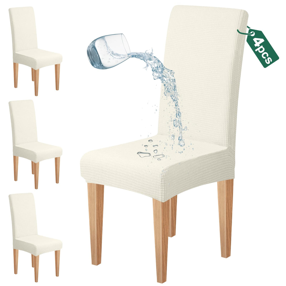 Dioxide Waterproof Chair Covers for Dining Chairs, Stretch Dining Chair Covers Set of 6, Parson Chair Slipcovers, Washable Kitchen Chairs Seat Covers Protectors for Home Restaurant Banquet - Beige