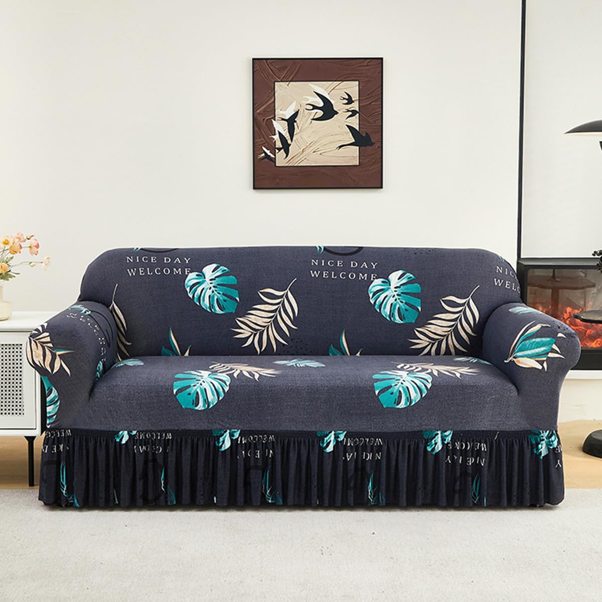 KAIJIE Super Stretch Sofa Slipcover–Non Slip Soft Couch Sofa Cover,Skirt Edge Design with Non Skid Foam and Elastic Bottoms for Crafted from Soft Polyester Printed Pattern（2-Person seat Couch Cover）