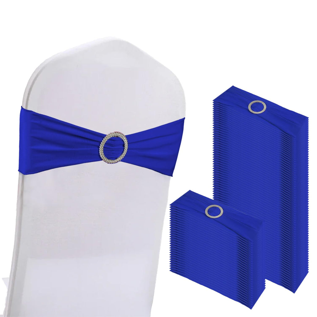 WJWHQ 100PCS Spandex Stretch Chair Sashes Bows Elastic Chair Cover Bands Ties with Buckle Slider for Wedding Party Reception Events Universal Ceremony Banquet Decorations (Gold)