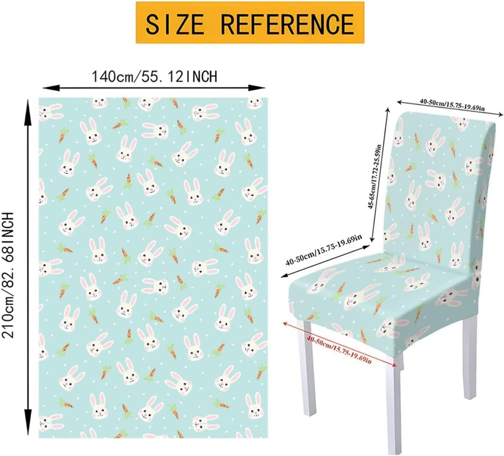 Table Cloth Rectangle Table Set of 5 Include Kitchen Chair Covers and Tablecloths for Dining Room Easter Decor, Anti-Scratch Chair Seat Protector Cover, Blue Cartoon Rabbit Carrot Dot