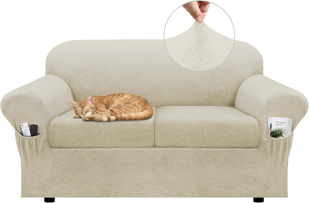 Loveseat Slipcover with Armrest Pockets 3-Piece Set, Stretch Faux Leather Love Seat Covers for 2-Cushion Couches(Fits 58-66") - Non-Slip, Machine Washable, Pet & Kid Friendly - Beige