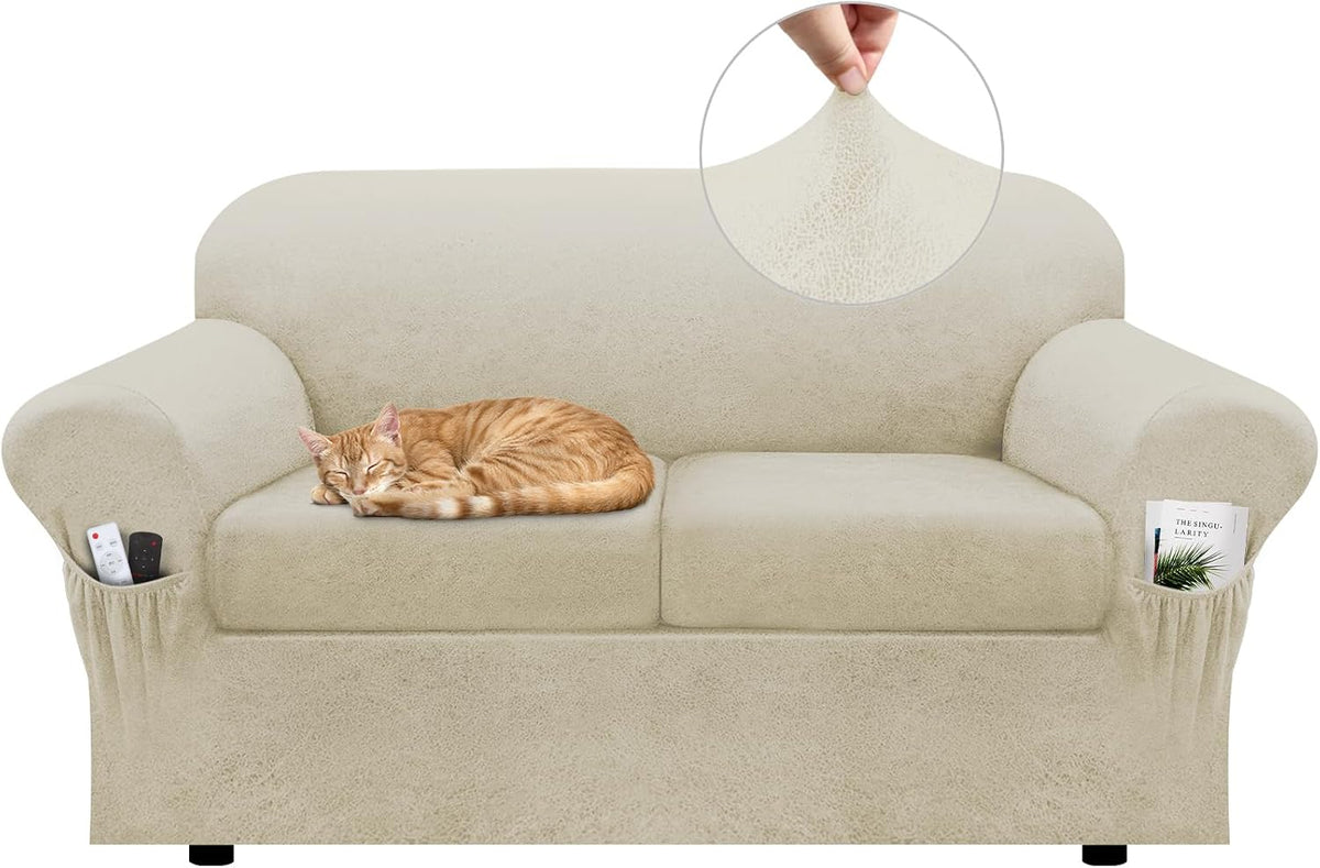 Loveseat Slipcover with Armrest Pockets 3-Piece Set, Stretch Faux Leather Love Seat Covers for 2-Cushion Couches(Fits 58-66") - Non-Slip, Machine Washable, Pet & Kid Friendly - Beige