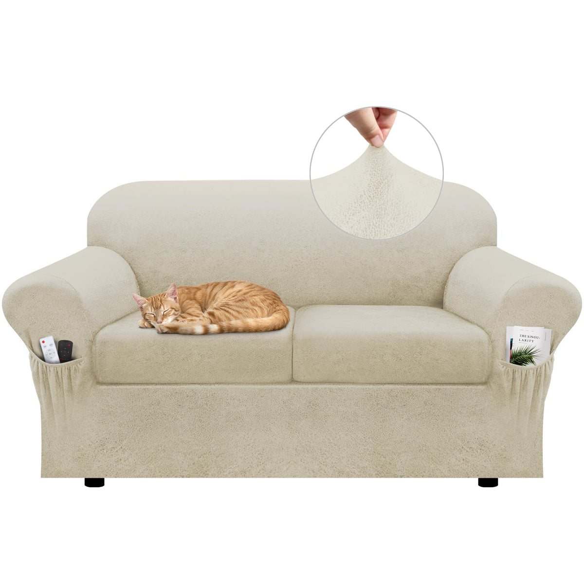 Loveseat Slipcover with Armrest Pockets 3-Piece Set, Stretch Faux Leather Love Seat Covers for 2-Cushion Couches(Fits 58-66") - Non-Slip, Machine Washable, Pet & Kid Friendly - Beige