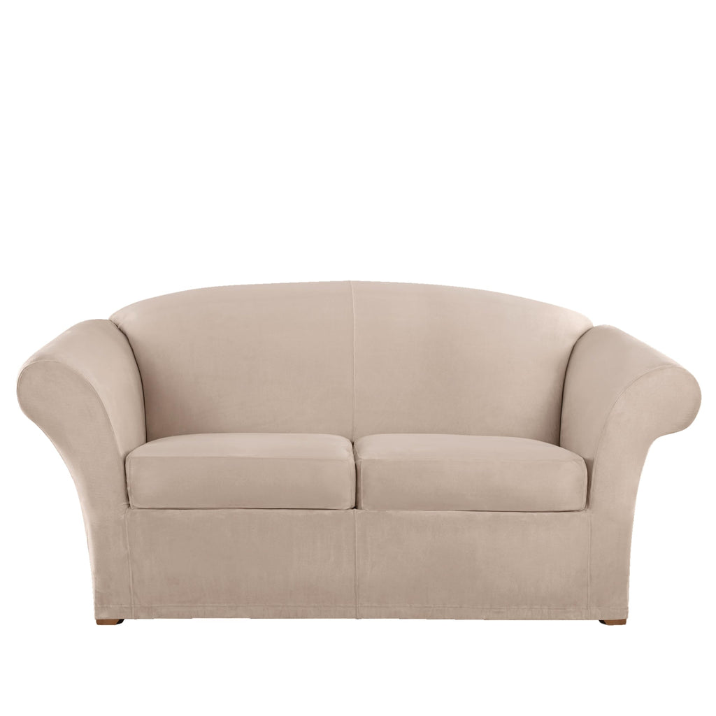 SureFit Home Décor Soft Suede Box Cushion Loveseat One Piece Slipcover, Relaxed Fit, Polyester, Machine Washable, Chocolate Color