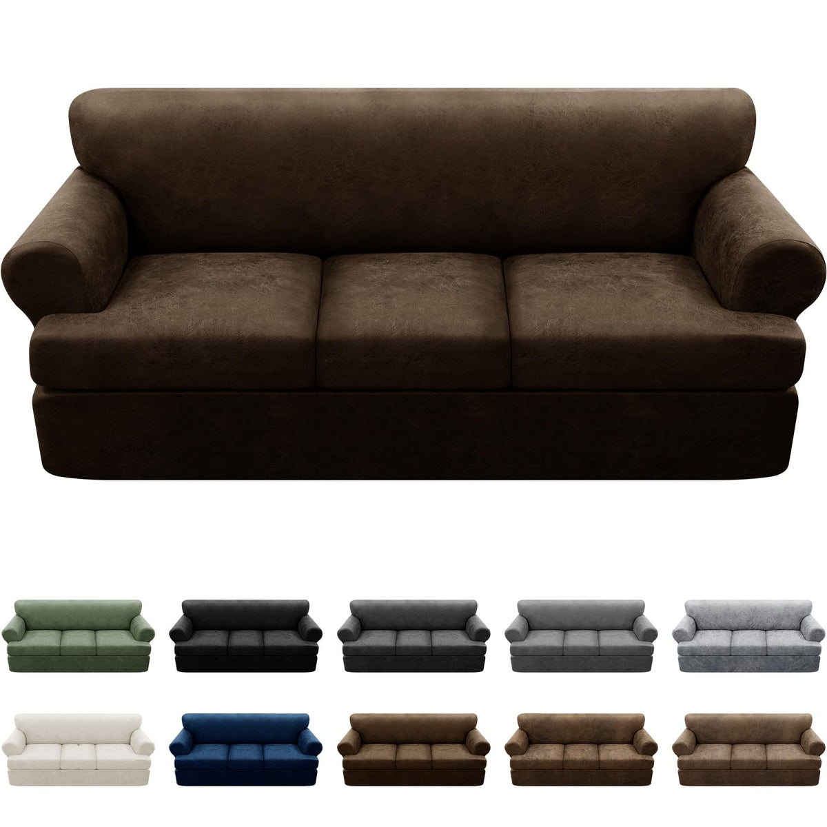 3-Pieces T Cushion Loveseat Slipcovers Leather Look Couch Cover Loveseat Covers for 2 Cushion Couch Furniture Protector Stretch Sofa Cover with 2 Individual T Cushion Seat Covers, Brown