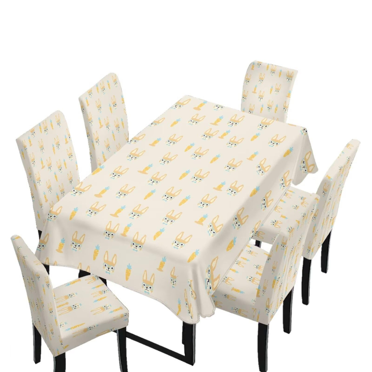 Table Cloth Rectangle Table Set of 5 Include Kitchen Chair Covers and Tablecloths for Dining Room Easter Decor, Anti-Scratch Chair Seat Protector Cover, Blue Cartoon Rabbit Carrot Dot