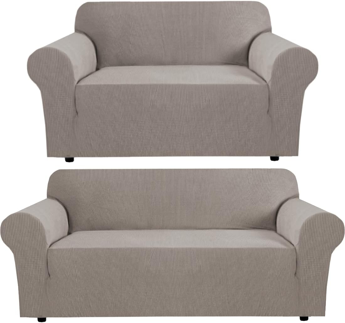 H.VERSAILTEX Stretch Loveseat Cover Bundles Sofa Slipcover, Furniture Protector, Plaid Pattern, Removable and Washable, Taupe