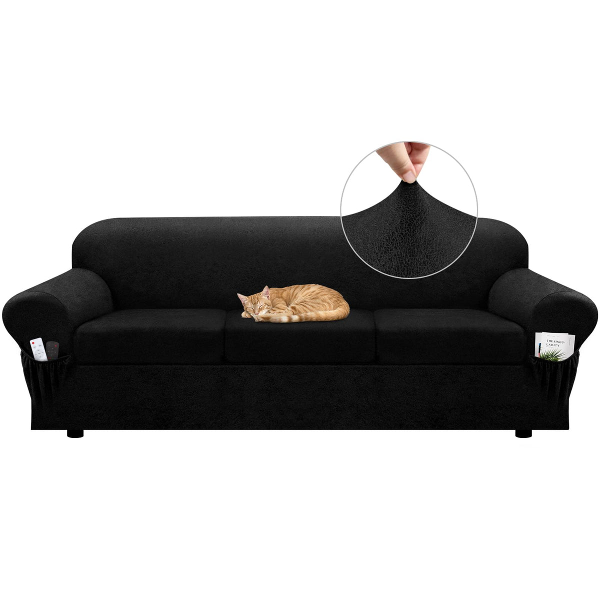 Loveseat Slipcover with Armrest Pockets 3-Piece Set, Stretch Faux Leather Love Seat Covers for 2-Cushion Couches(Fits 58-66") - Non-Slip, Machine Washable, Pet & Kid Friendly - Beige