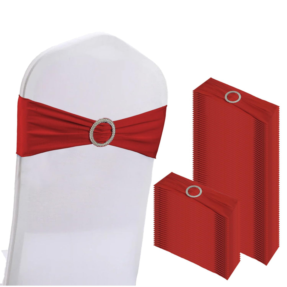 WJWHQ 100PCS Spandex Stretch Chair Sashes Bows Elastic Chair Cover Bands Ties with Buckle Slider for Wedding Party Reception Events Universal Ceremony Banquet Decorations (Gold)